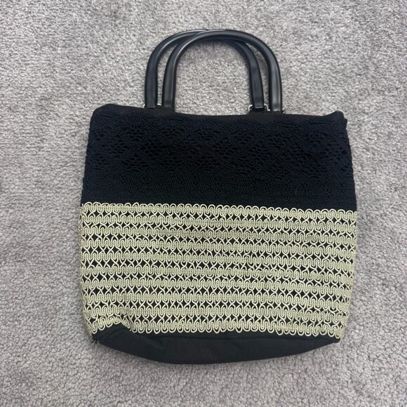 Unbranded Crochet Woven Top Handle Tote Bag Womens Black Beige Color Block Boho - Picture 1 of 8